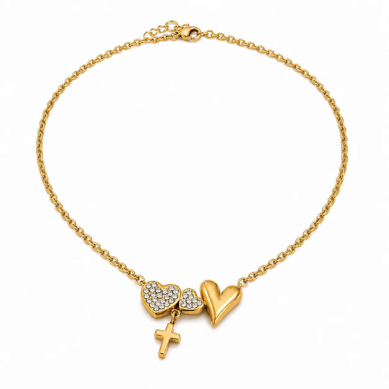 18K Gold Plated Double Heart Cross Zircon Necklace