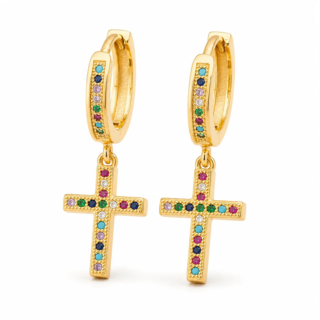 Qiku Colorful Rhinestone Cross Drop Earrings