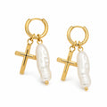 Elegant Pearl Cross Earrings – 18K Gold Stainless Steel Jewelry