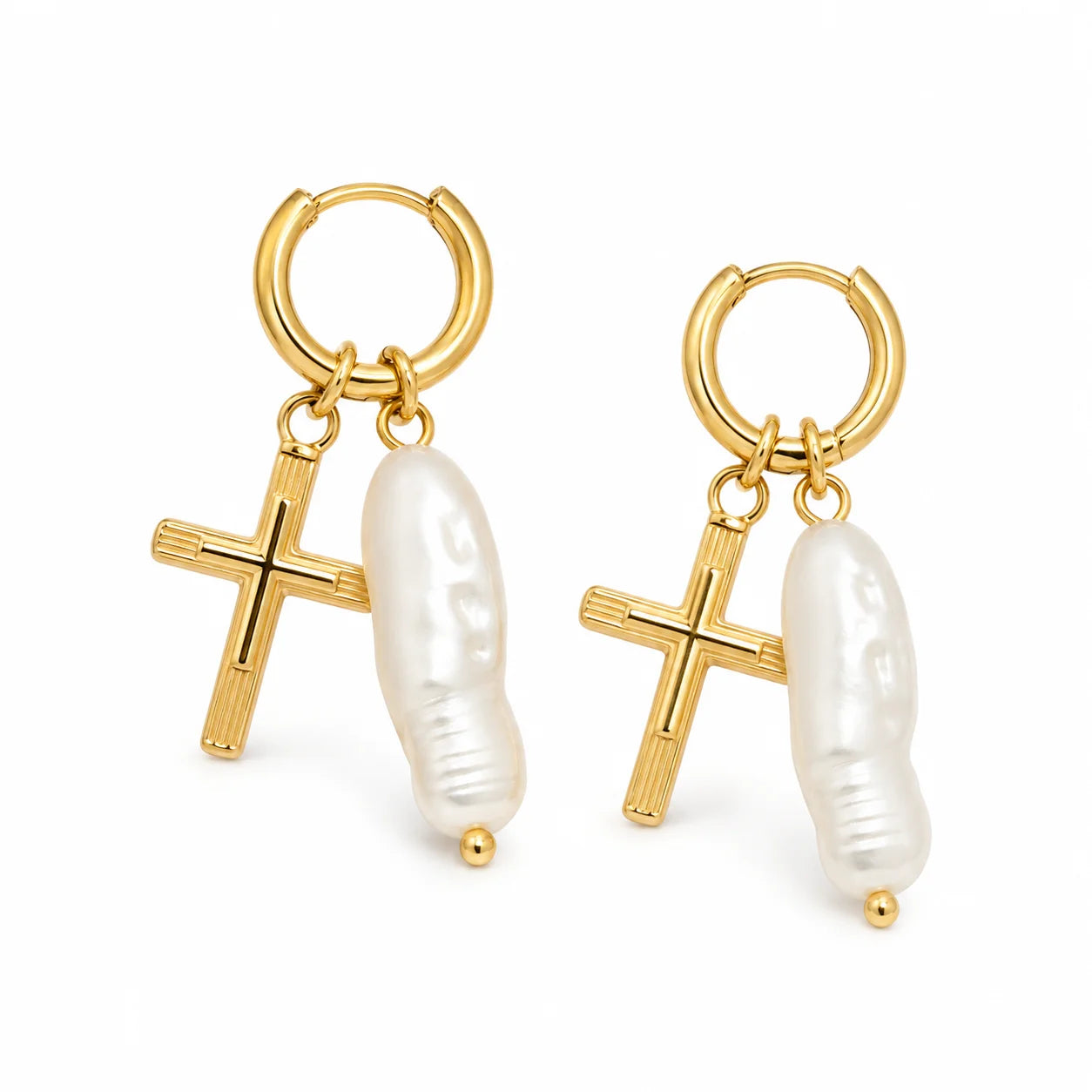 Elegant Pearl Cross Earrings – 18K Gold Stainless Steel Jewelry