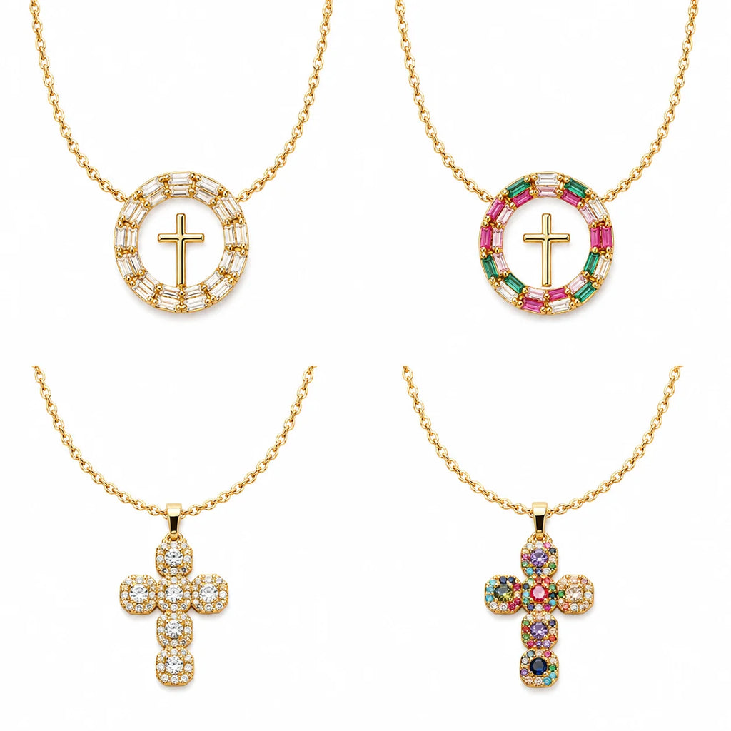 Light Luxury Geometric Jesus Cross Necklace with Colorful Zircon