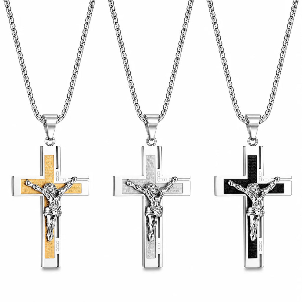 Men’s Silver Chain Necklace with Engraved Jesus Cross Pendant