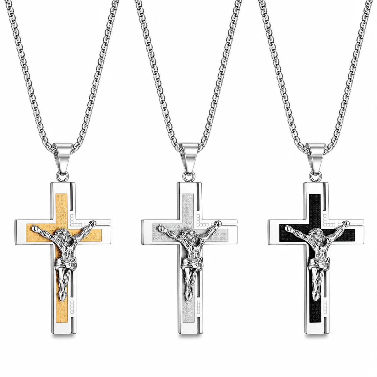 Men’s Silver Chain Necklace with Engraved Jesus Cross Pendant