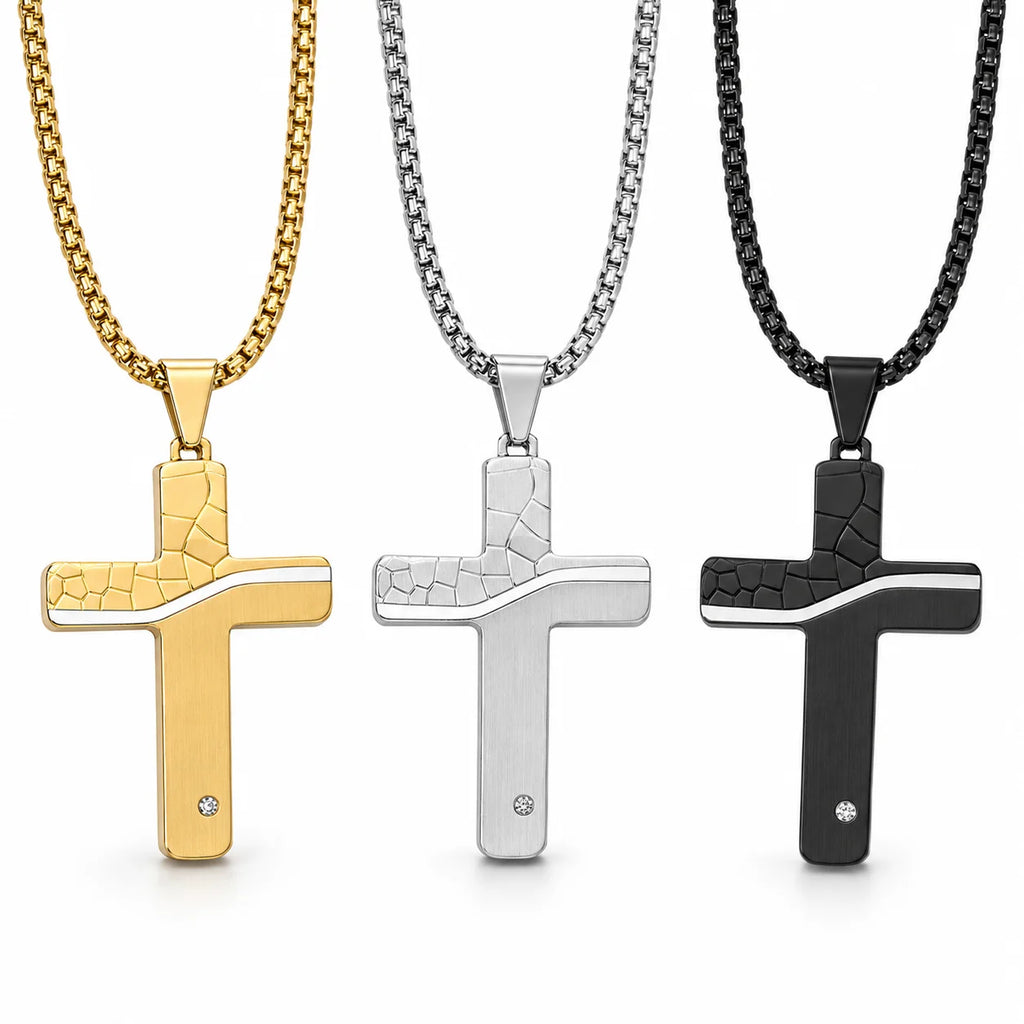 Punk Cracked Cross Pendant Necklace – Stainless Steel Zircon Jewelry