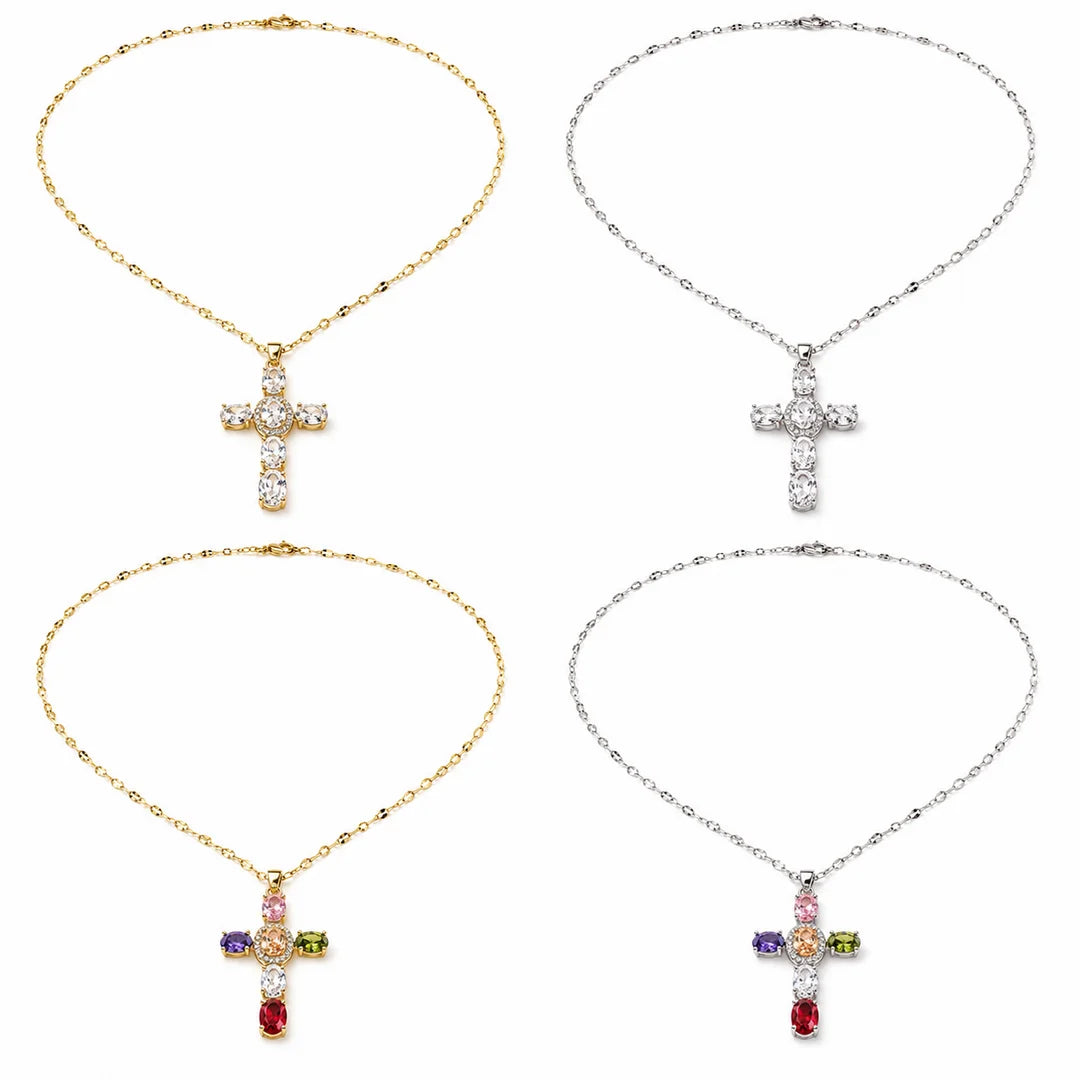 INS Vintage Colorful Cubic Zirconia Cross Necklace