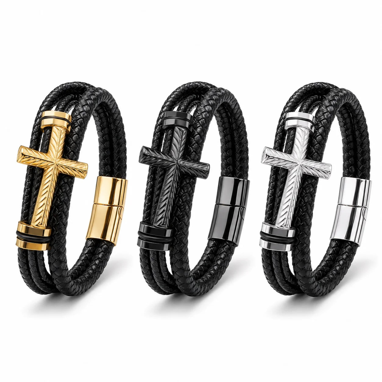 Fashion Punk Cross Leather Bracelet for Men – Stainless Steel Design