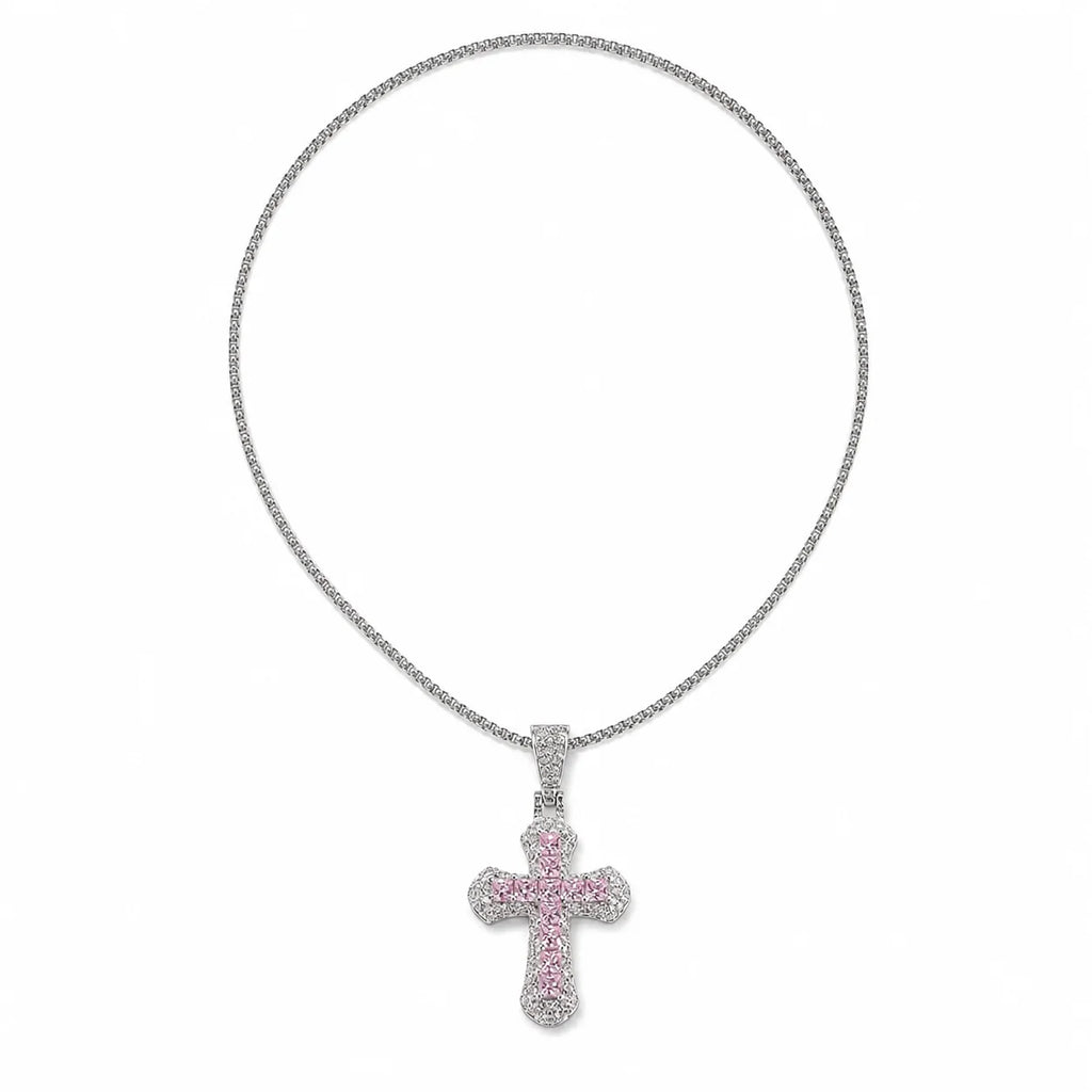 18K White Gold Plated Mini Pink Cross Pendant Necklace – Hip Hop Jewelry