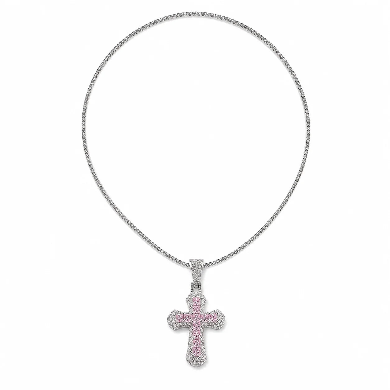 18K White Gold Plated Mini Pink Cross Pendant Necklace – Hip Hop Jewelry