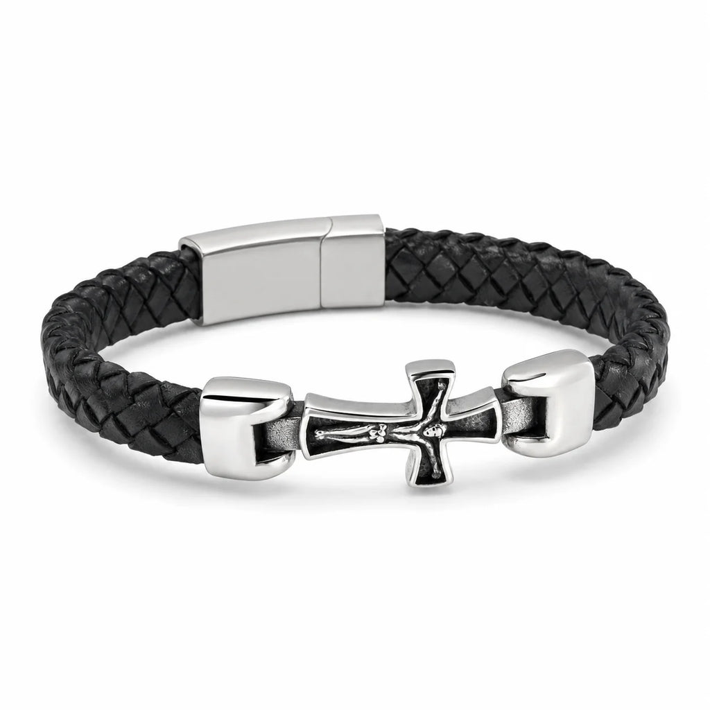 Luxury Genuine Leather Cross Cuff Bracelet for Men