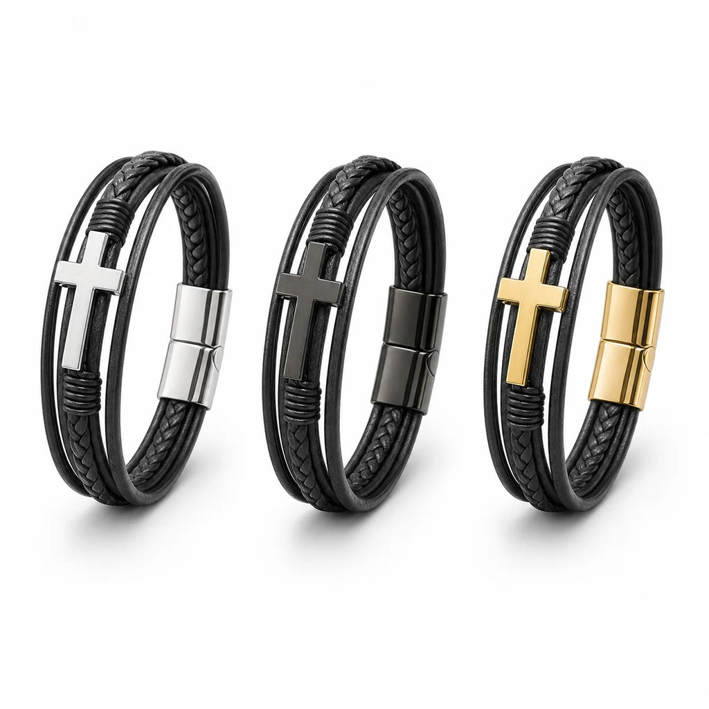 Stainless Steel Magnetic Clasp Leather Bracelet with Gold & Silver Cross