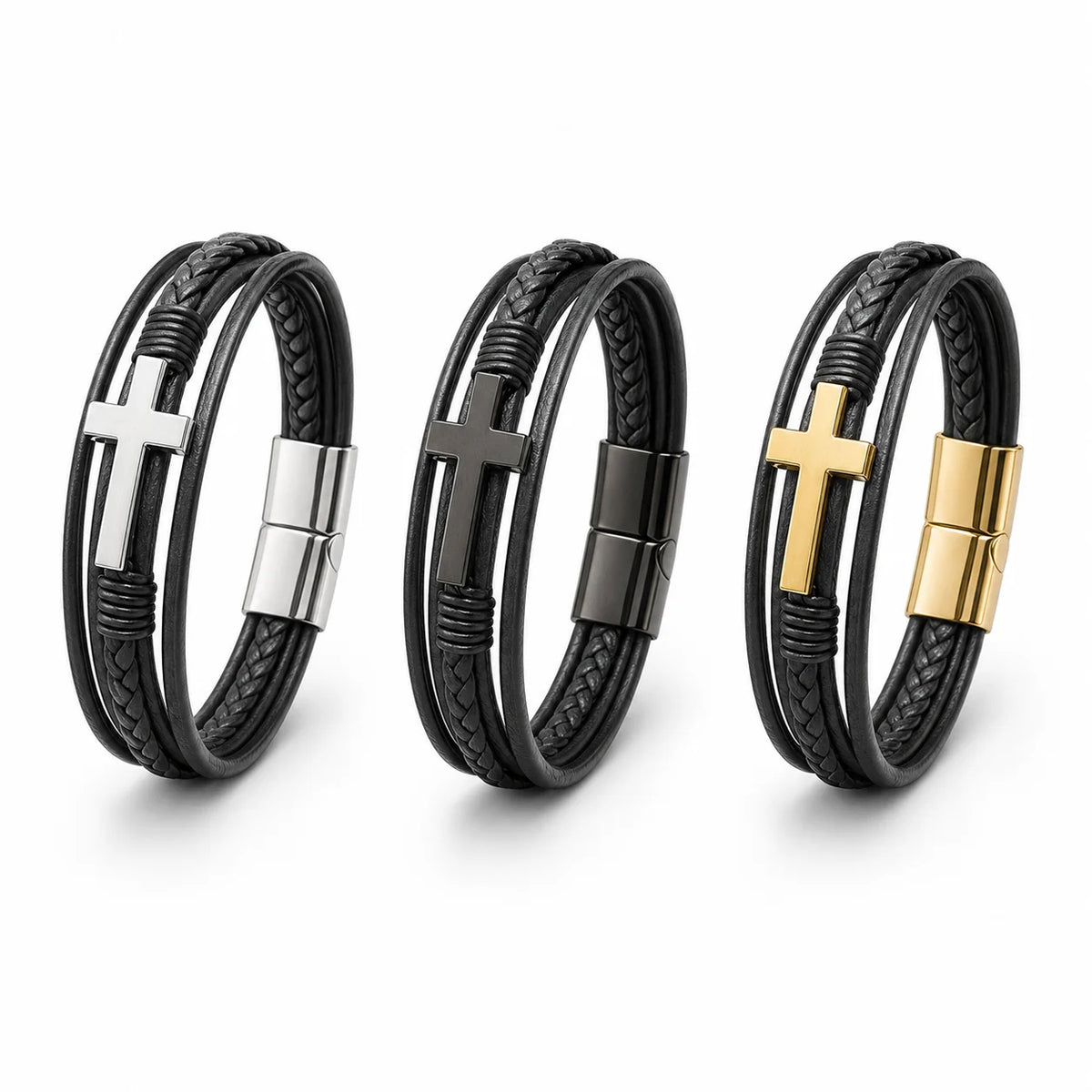 Stainless Steel Magnetic Clasp Leather Bracelet with Gold & Silver Cross