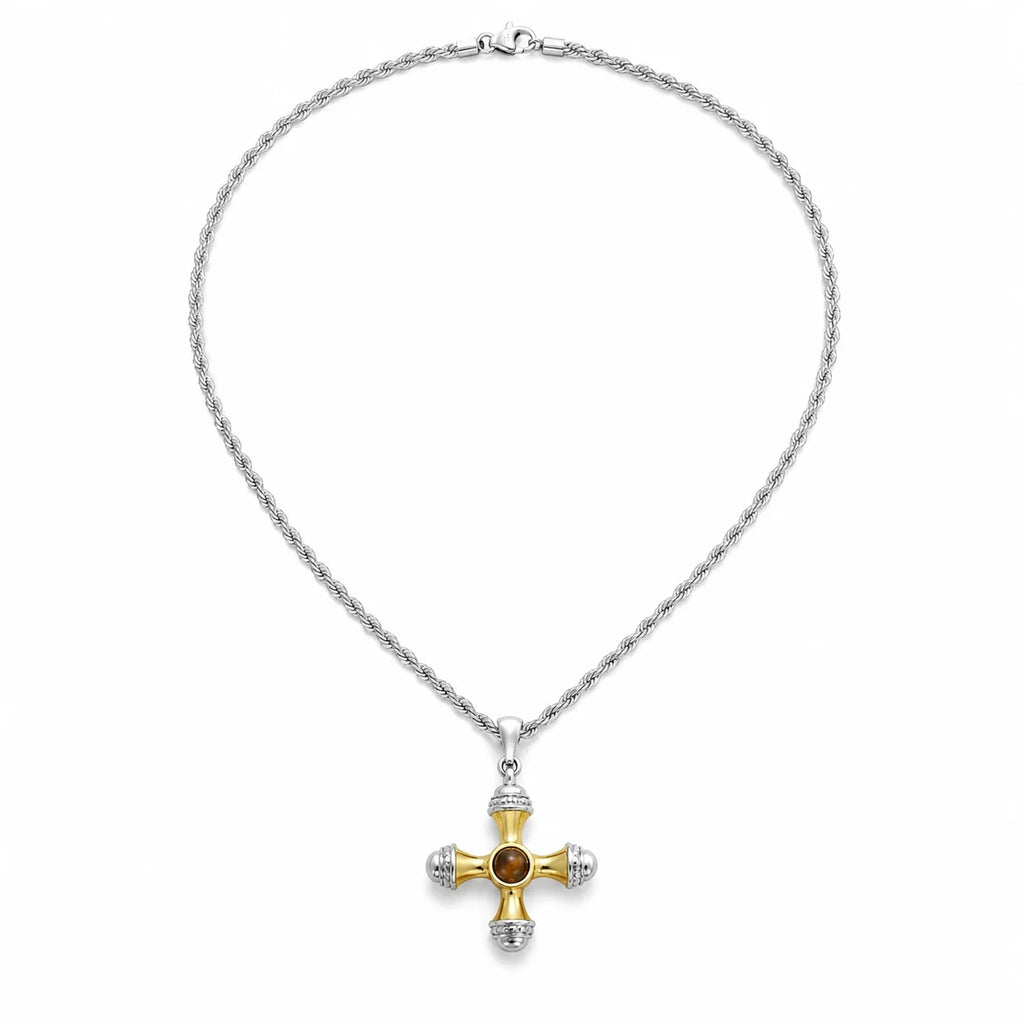 A silver chain necklace with a cross pendant featuring a gold center and silver accents, displayed on a clean white background.