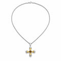 A silver chain necklace with a cross pendant featuring a gold center and silver accents, displayed on a clean white background.
