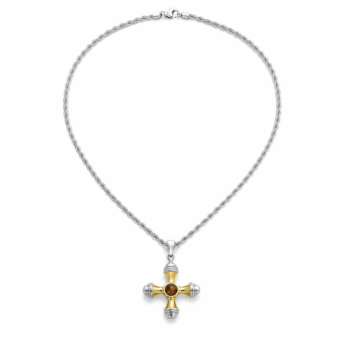 A silver chain necklace with a cross pendant featuring a gold center and silver accents, displayed on a clean white background.