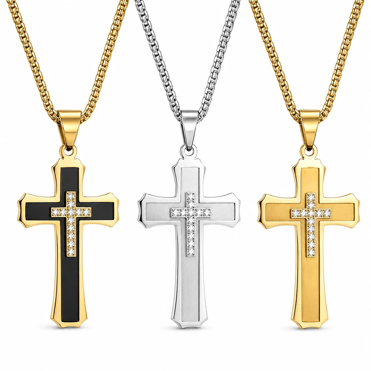 Gold Plated Stainless Steel Multilayer Cross Necklace with Zircon for Men & Teen Boys