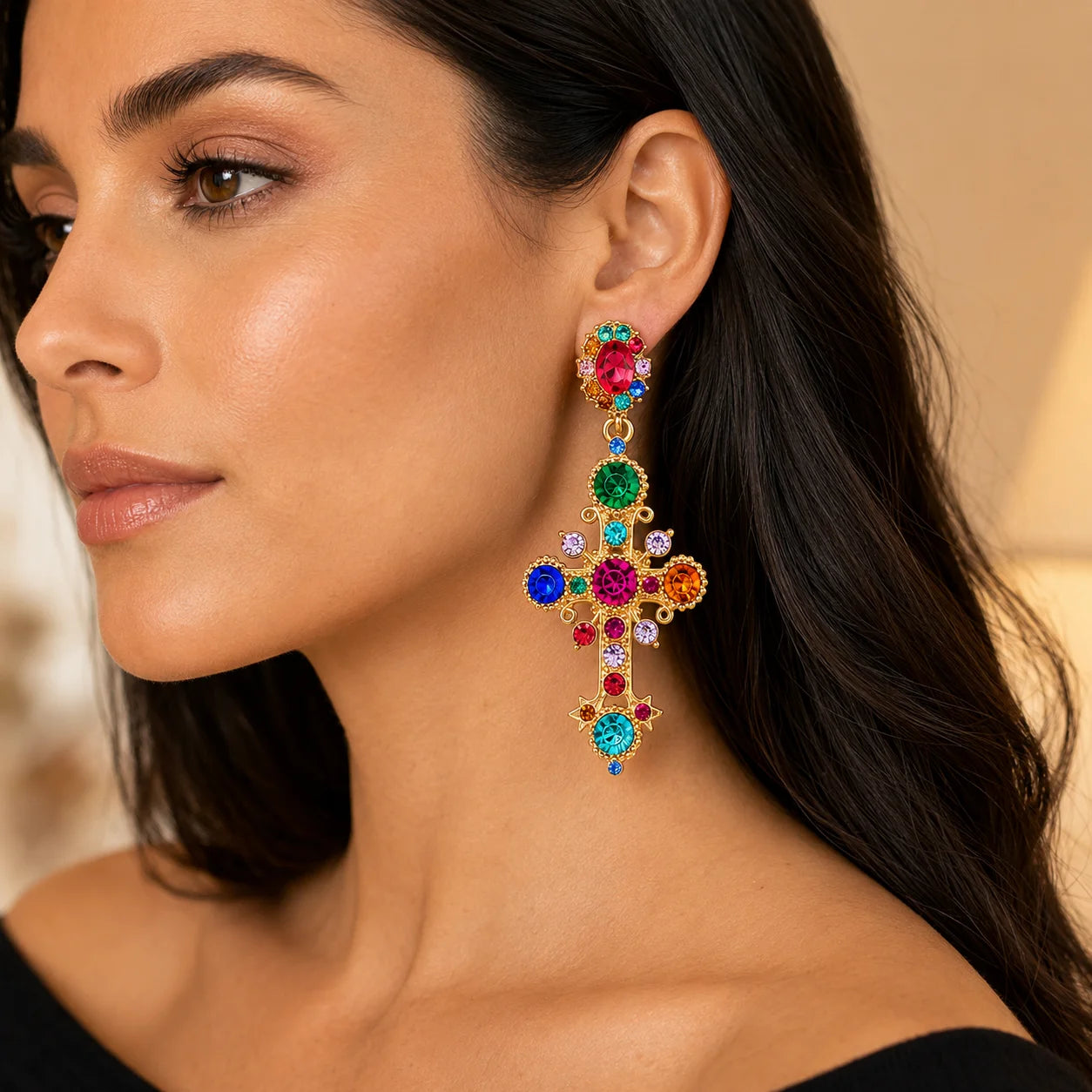 Bohemian Ethnic Style Cross Stud Earrings with Color Glass & Crystal