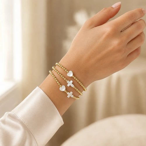 18K Gold Plated Cross & Heart Bead Bracelet – New Release