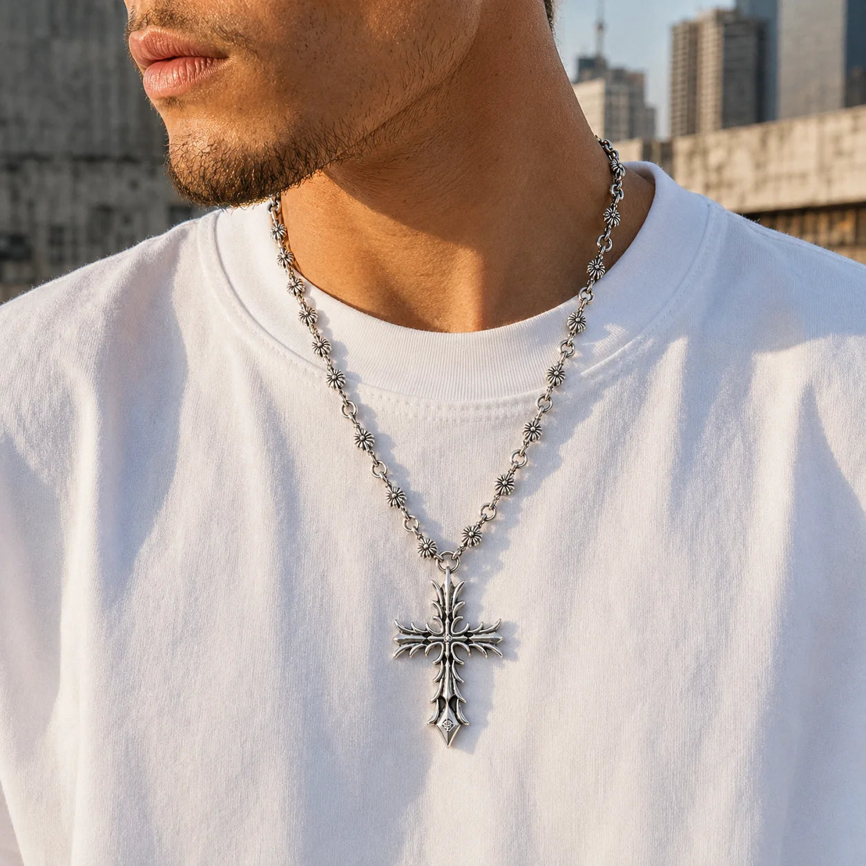Classic Hip-Hop Retro Silver Cross Necklace – Handmade Chain