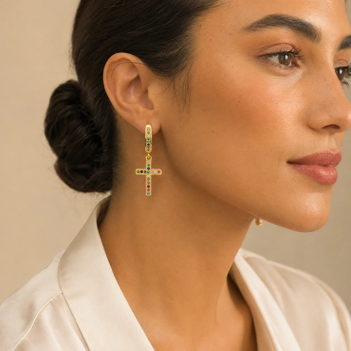 Qiku Colorful Rhinestone Cross Drop Earrings