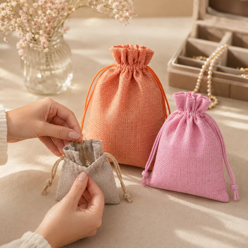 Three small drawstring pouches in peach, pink, and light gray fabric are shown on a beige surface, with hands holding the front pouch. A glass vase with flowers and a jewelry organizer with pearls appear in the softly lit background.