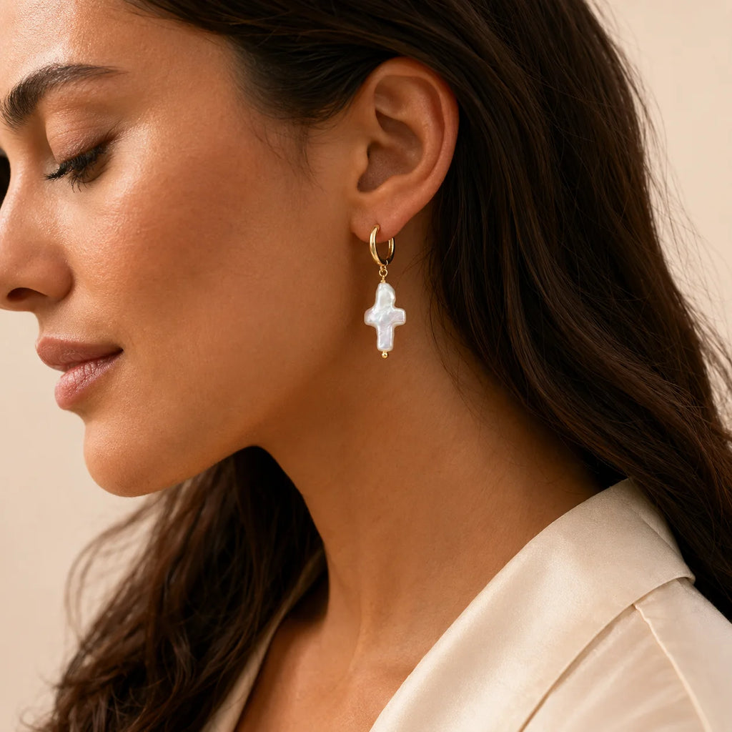 Stylish Baroque Cross Freshwater Pearl Earrings – Copper Jewelry