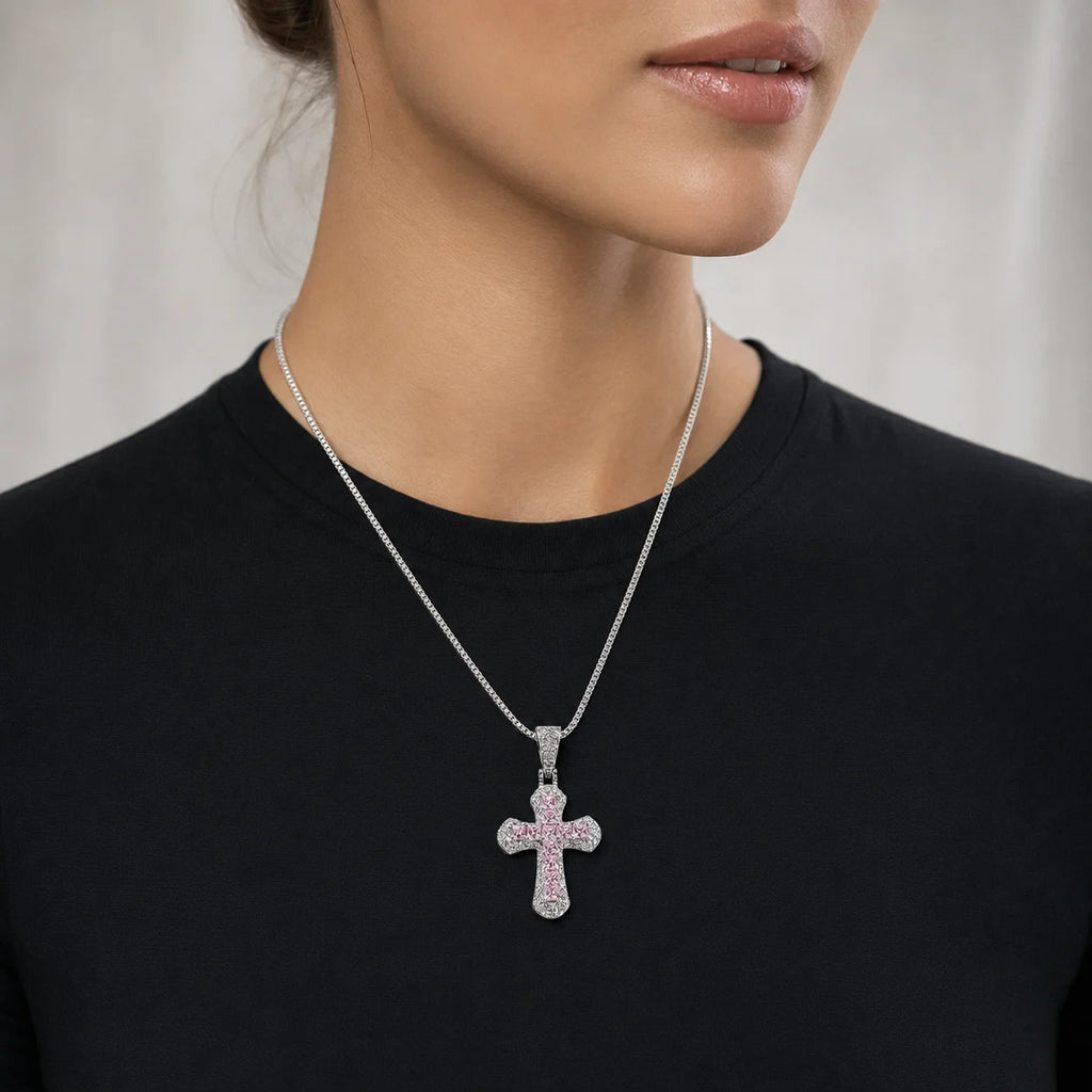 18K White Gold Plated Mini Pink Cross Pendant Necklace – Hip Hop Jewelry