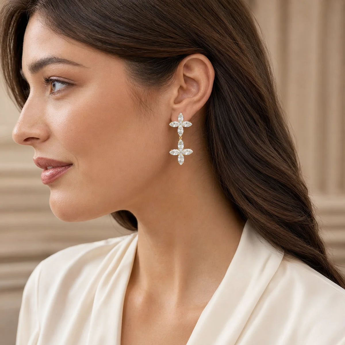 Light Luxury Double Cross & Four-Leaf Clover Zircon Earrings