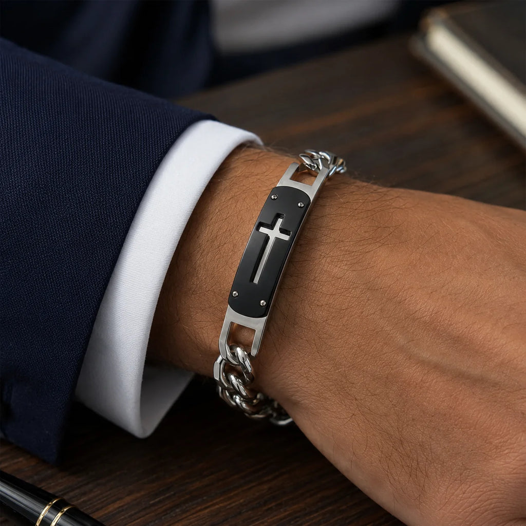 Men’s Stainless Steel Faith Cross Bracelet with Natural Stone