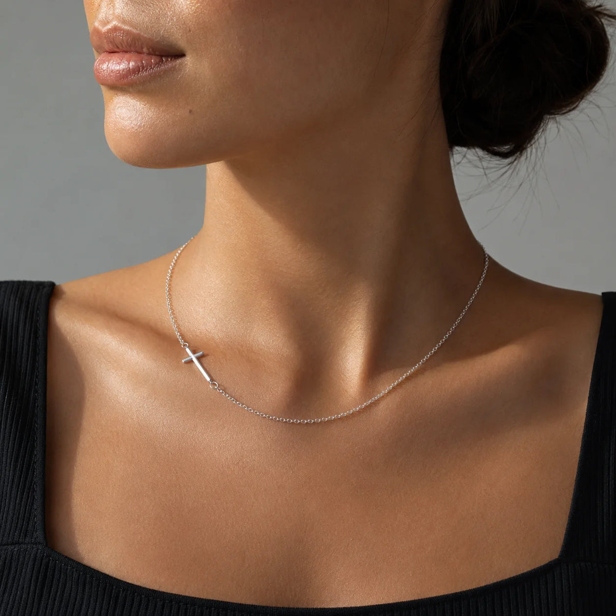 Silver Slant Cross Necklace with Asymmetrical Link Chain