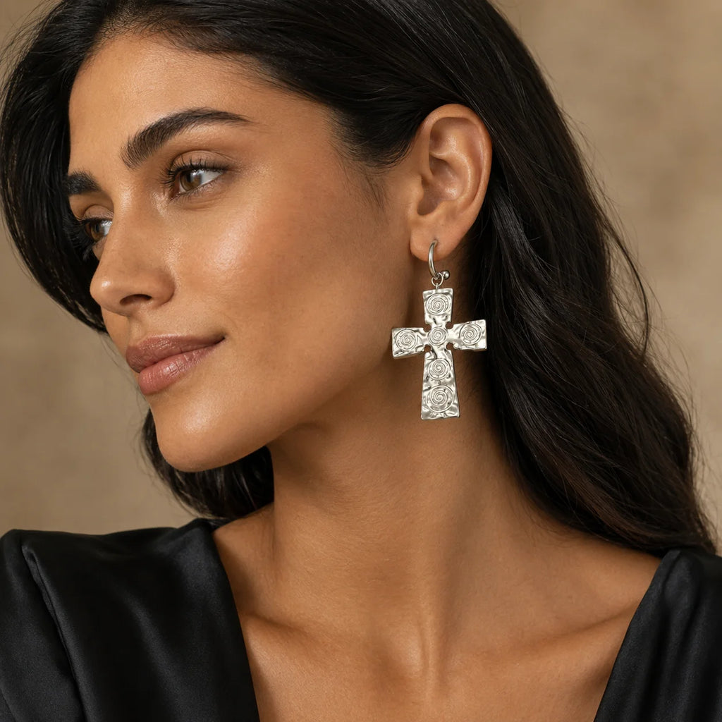 Trendy Waterproof Stainless Steel Cross & Chrome Heart Hoop Earrings