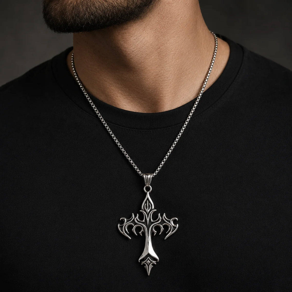 Silver Stainless Steel Cross Necklace – Gothic Christian Style