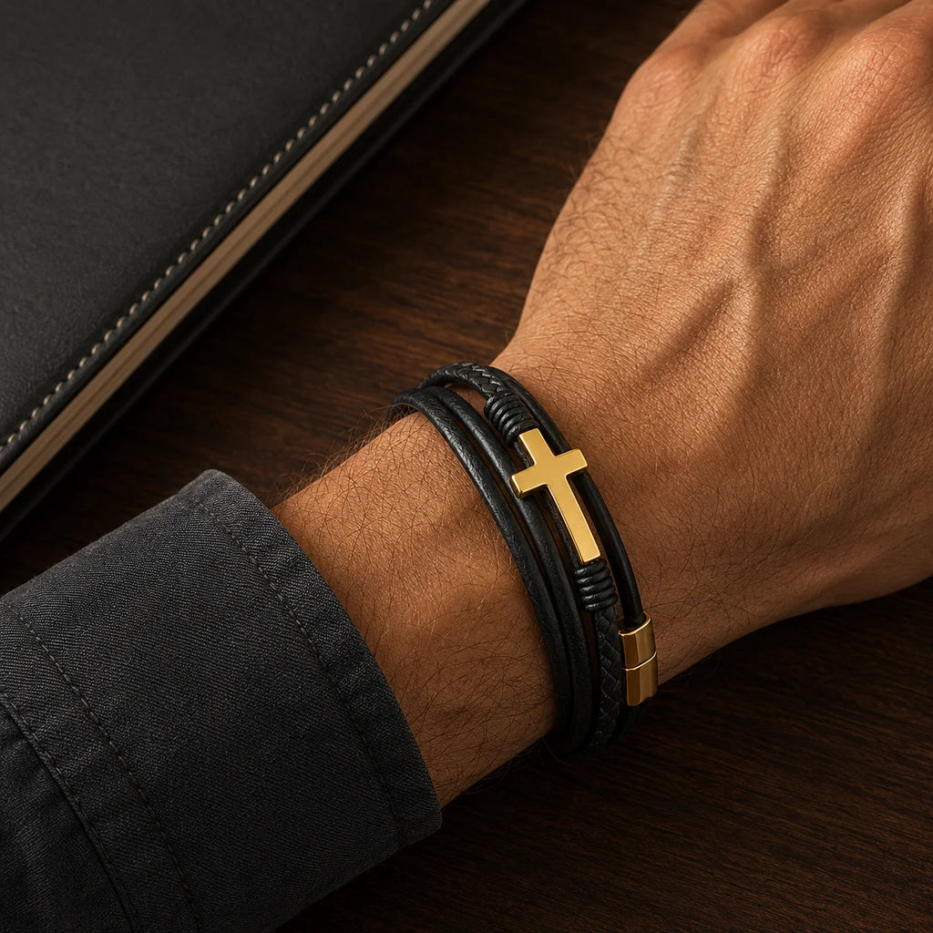Stainless Steel Magnetic Clasp Leather Bracelet with Gold & Silver Cross