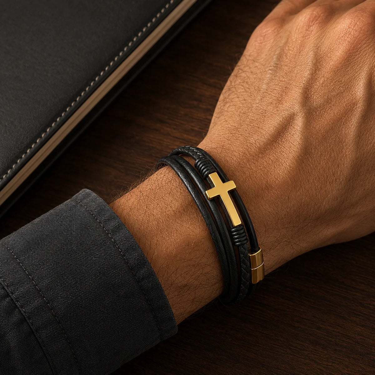 Stainless Steel Magnetic Clasp Leather Bracelet with Gold & Silver Cross