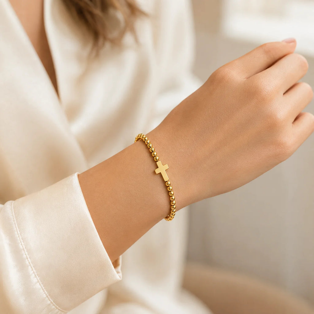 18K Gold Plated Stainless Steel Minimalist Cross Bead Chain