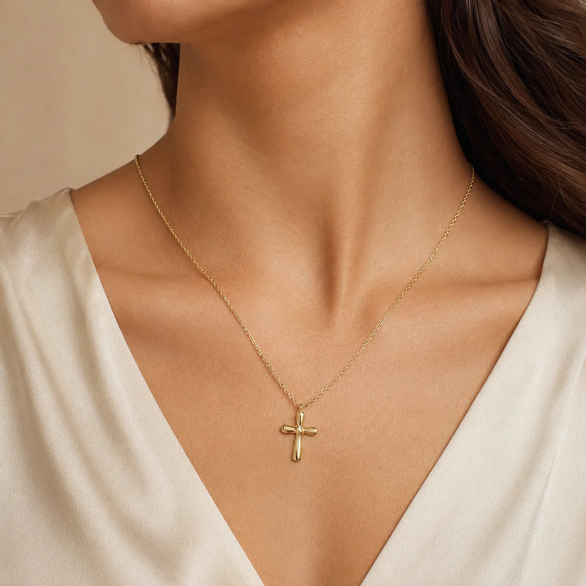 Trendy 14K Gold Plated Stainless Steel Cross Pendant Necklace