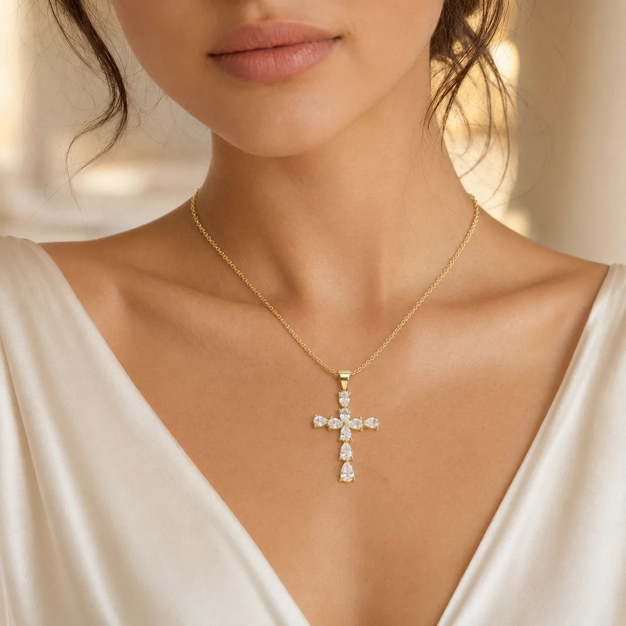 18K Gold Plated Glossy Cross Link Chain Necklace with Zircon
