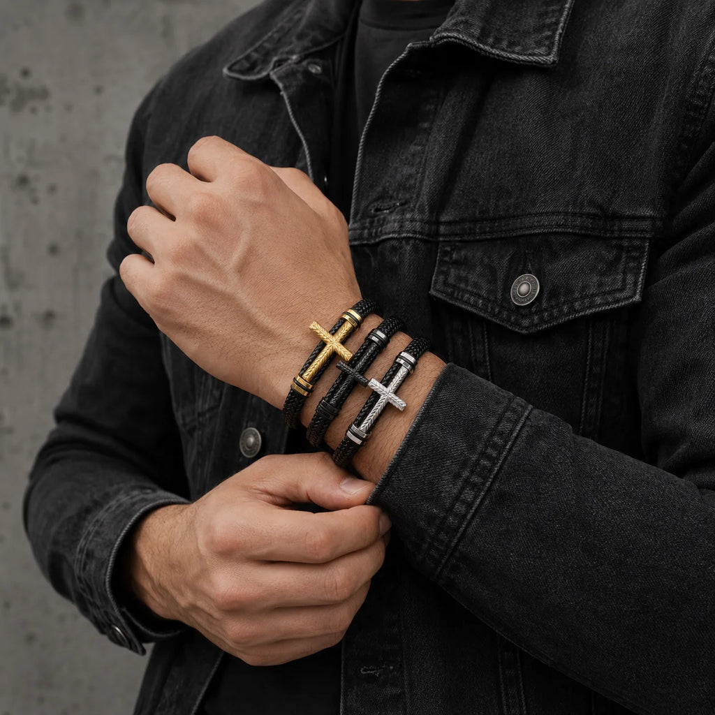Fashion Punk Cross Leather Bracelet for Men – Stainless Steel Design
