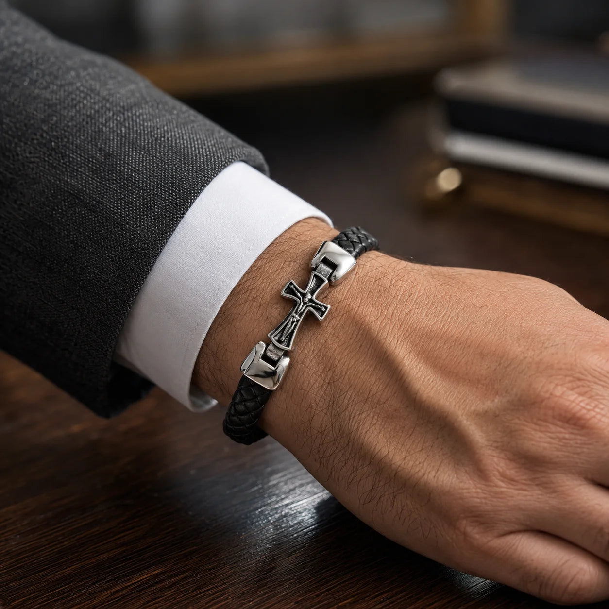 Luxury Genuine Leather Cross Cuff Bracelet for Men