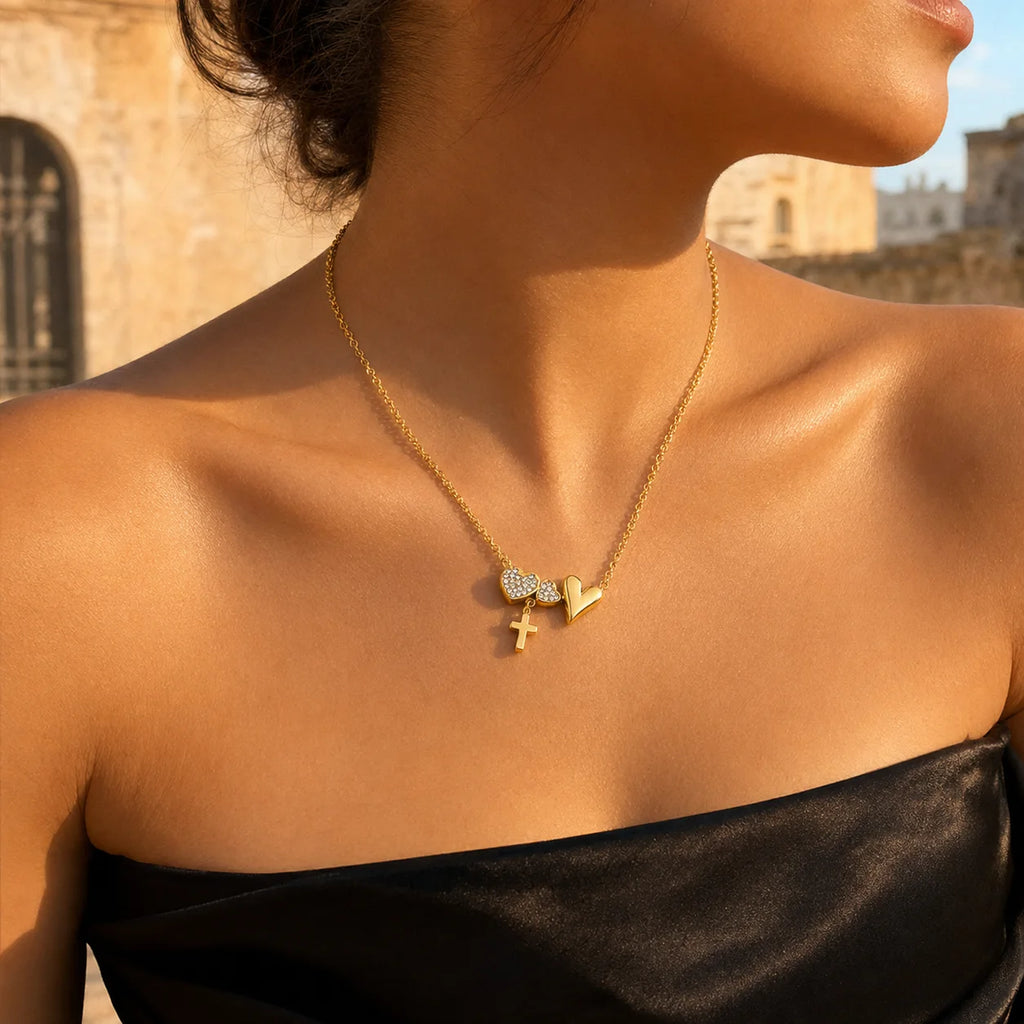 18K Gold Plated Double Heart Cross Zircon Necklace