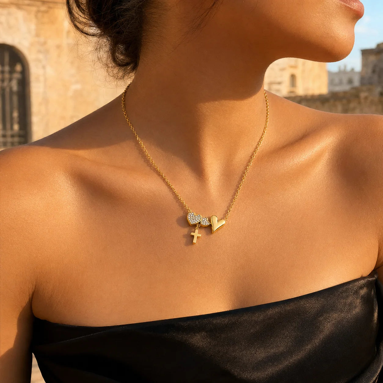 18K Gold Plated Double Heart Cross Zircon Necklace