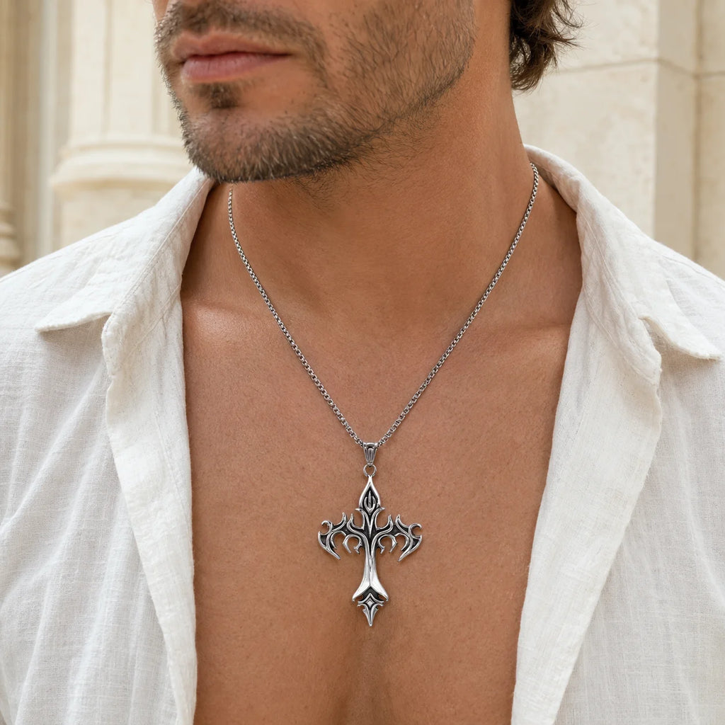 Silver Stainless Steel Cross Necklace – Gothic Christian Style