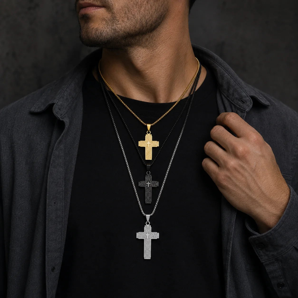 Gold & Black Stainless Steel Cross Pendant Necklace