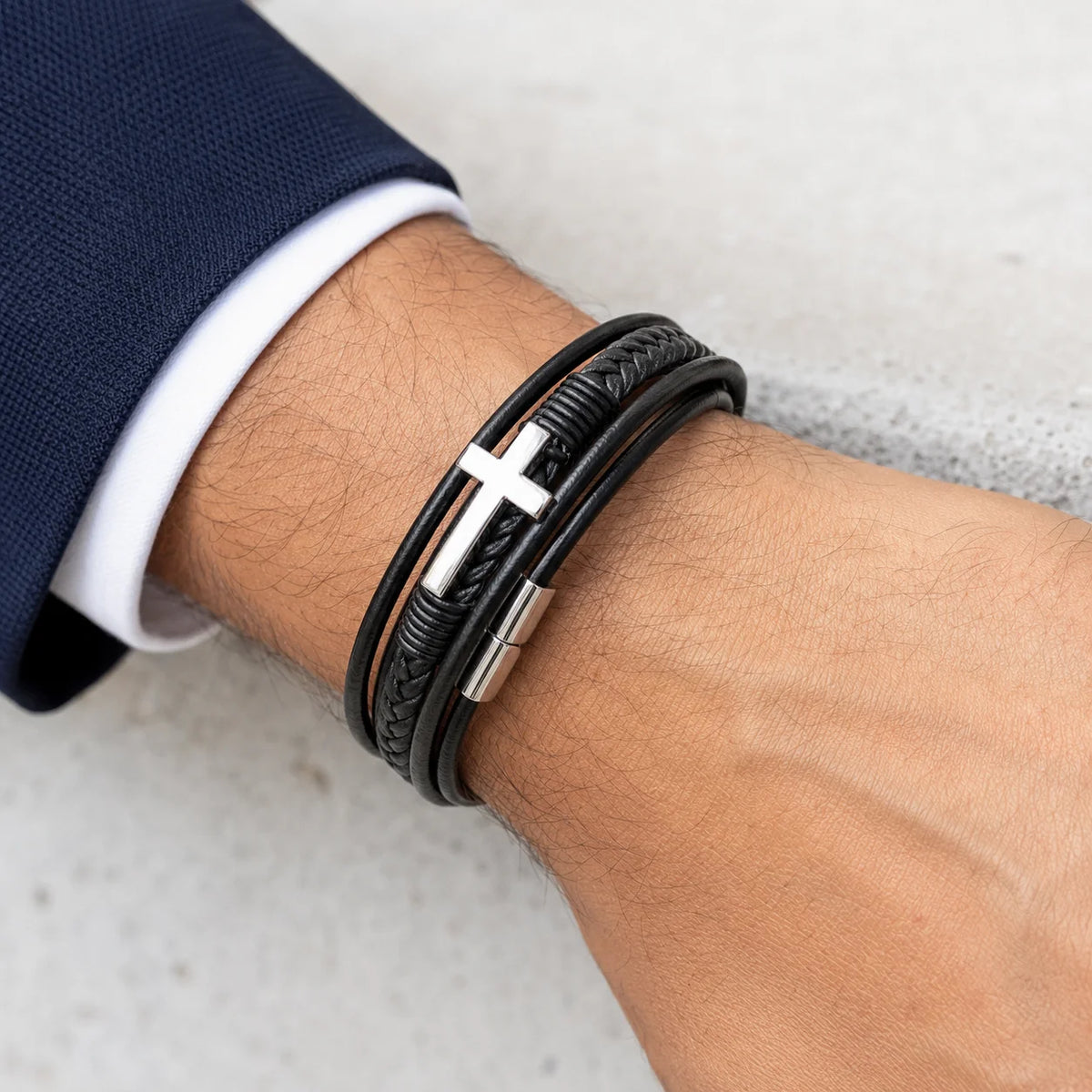 Stainless Steel Magnetic Clasp Leather Bracelet with Gold & Silver Cross