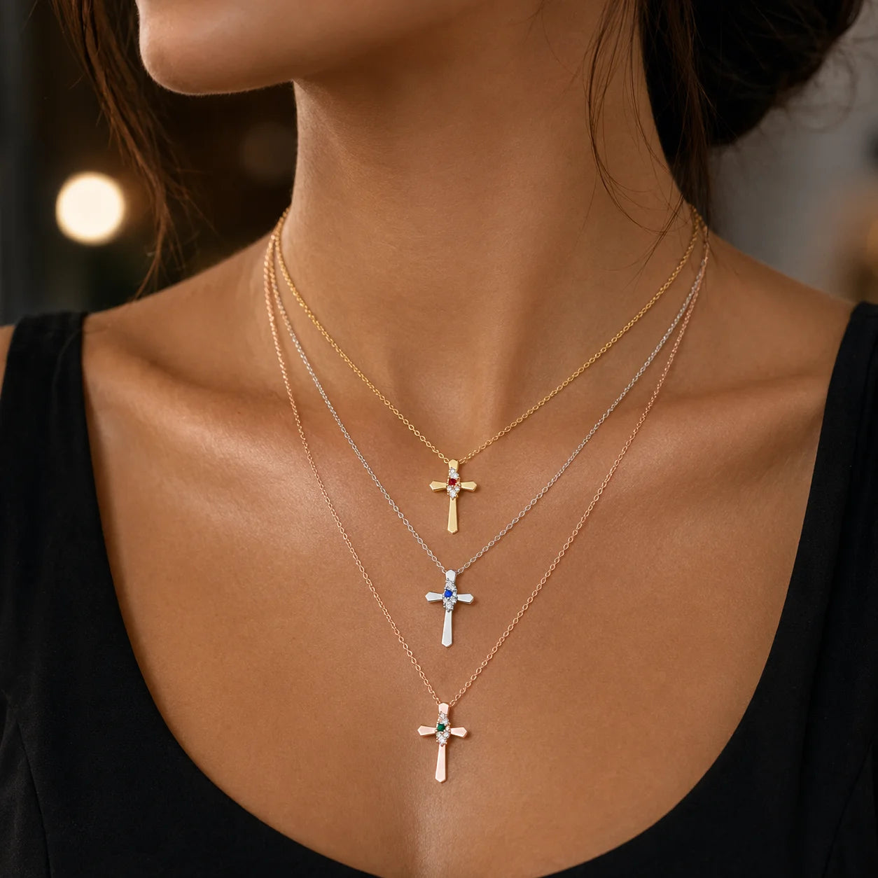 A close-up of a woman's neck and upper chest wearing three layered cross necklaces: one gold, one silver, and one silver with a small blue stone, all layered over a black top.