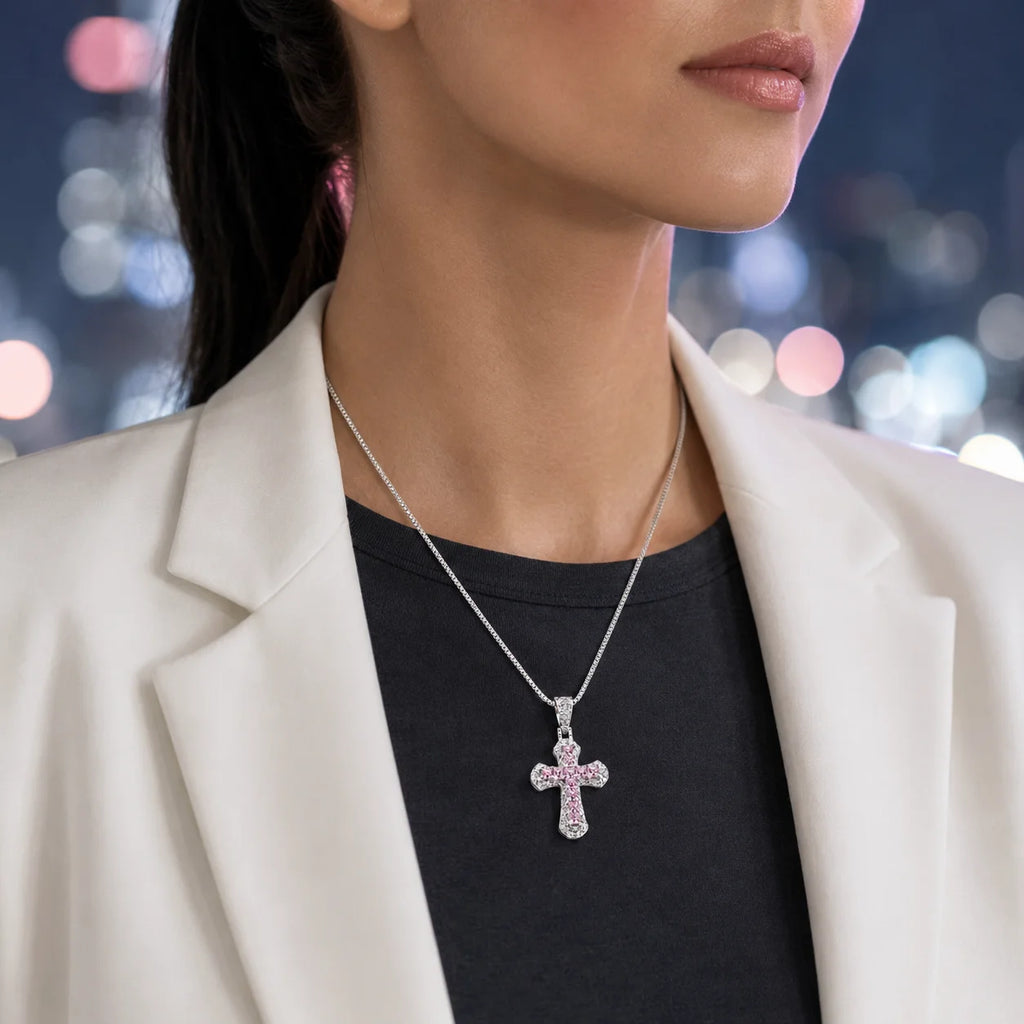18K White Gold Plated Mini Pink Cross Pendant Necklace – Hip Hop Jewelry
