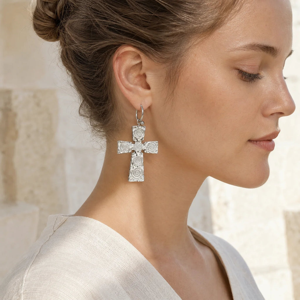 Trendy Waterproof Stainless Steel Cross & Chrome Heart Hoop Earrings