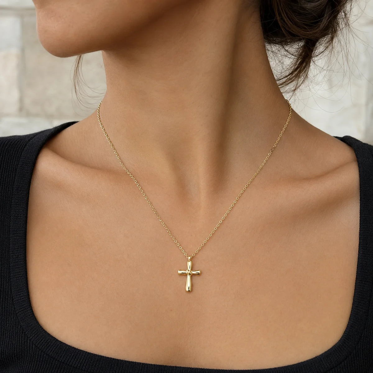 Trendy 14K Gold Plated Stainless Steel Cross Pendant Necklace