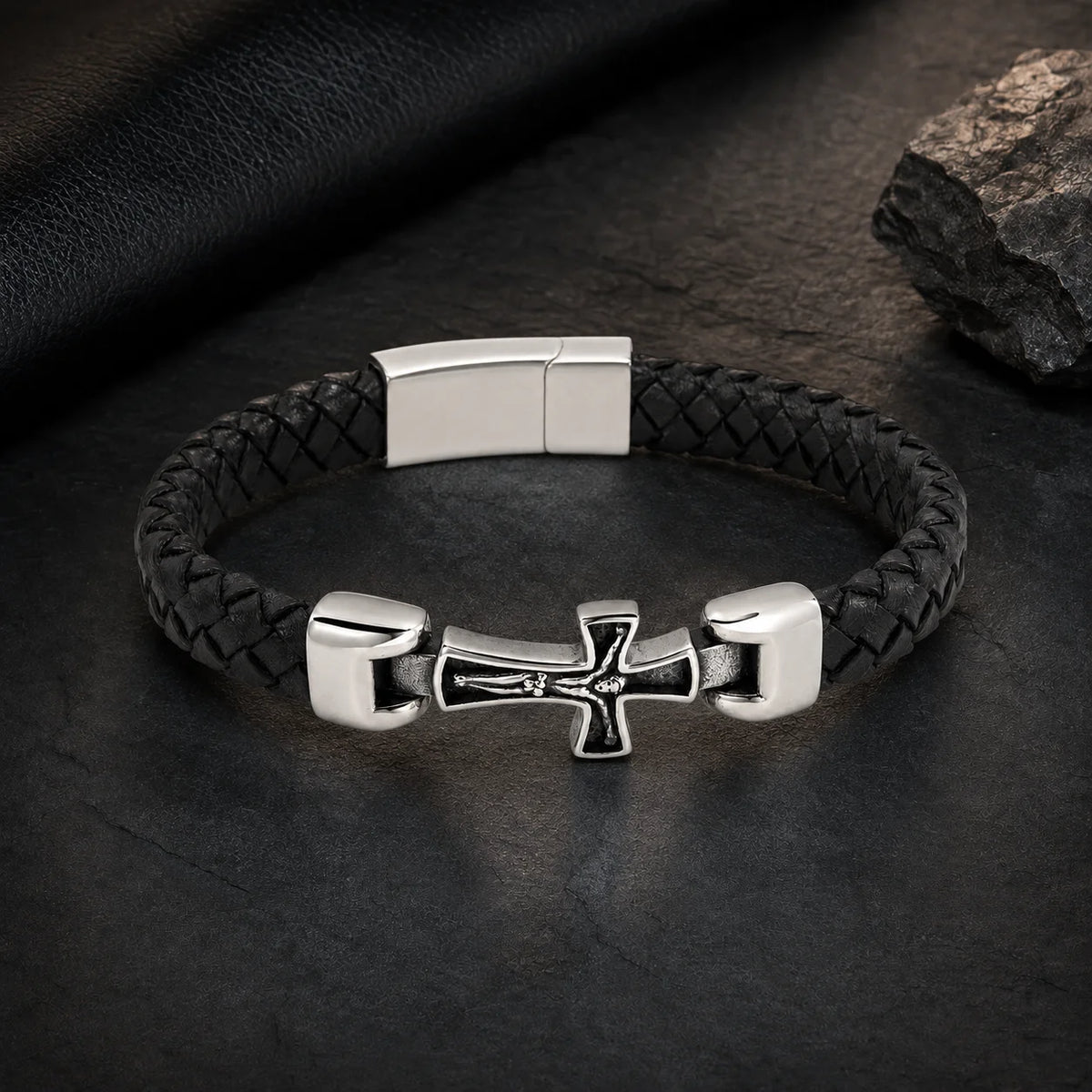 Luxury Genuine Leather Cross Cuff Bracelet for Men