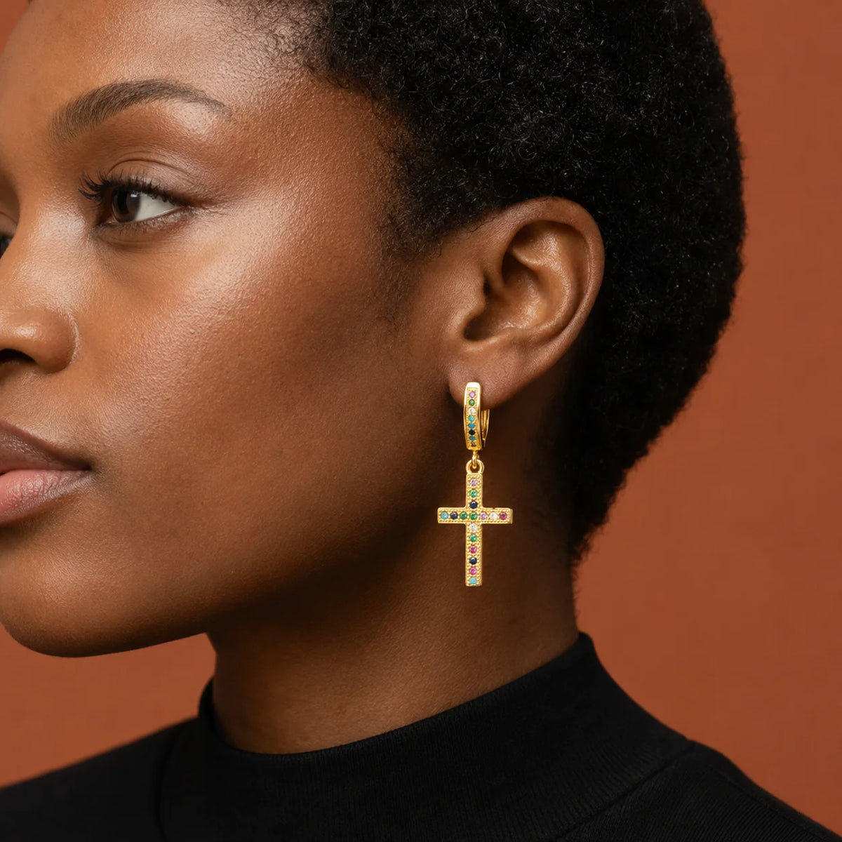 Qiku Colorful Rhinestone Cross Drop Earrings