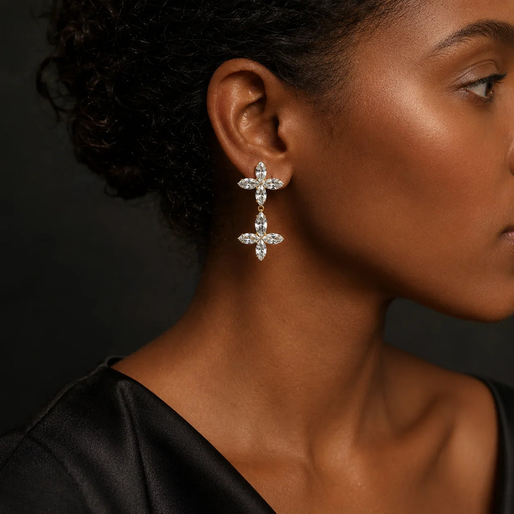 Light Luxury Double Cross & Four-Leaf Clover Zircon Earrings